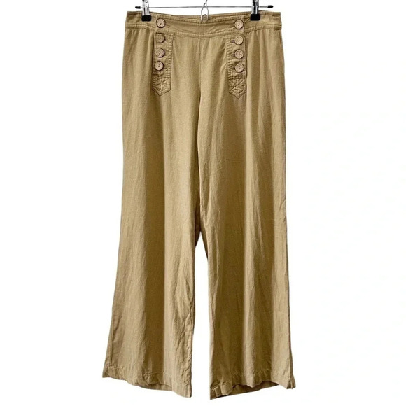 Le Chateau Linen Pants Wide Leg Palazzo Flowy Nautical Neutral Tan Size 6 - Picture 1 of 16